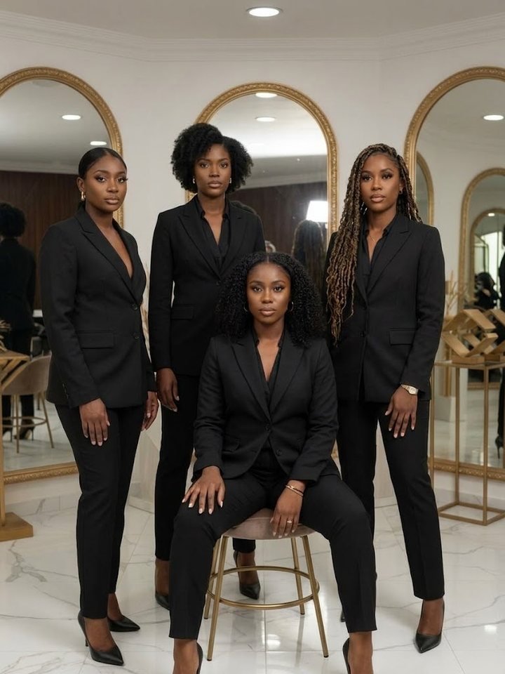 The Lyrah team of four braiders in black suits in the salon
