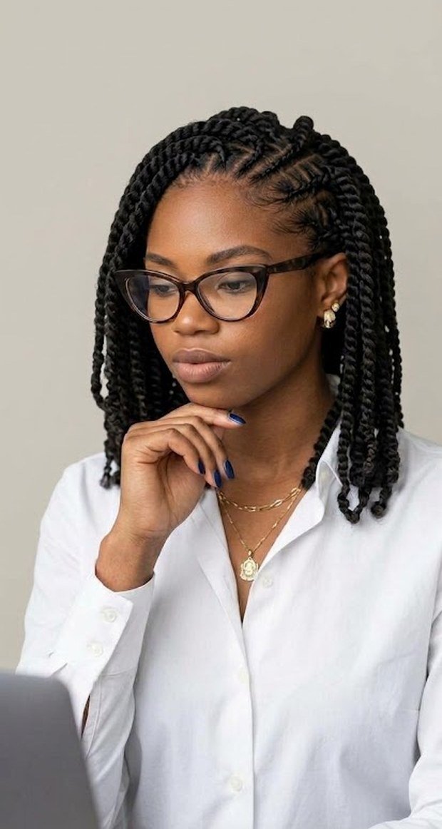 Ary in glasses and a white shirt, with shoulder-length twists