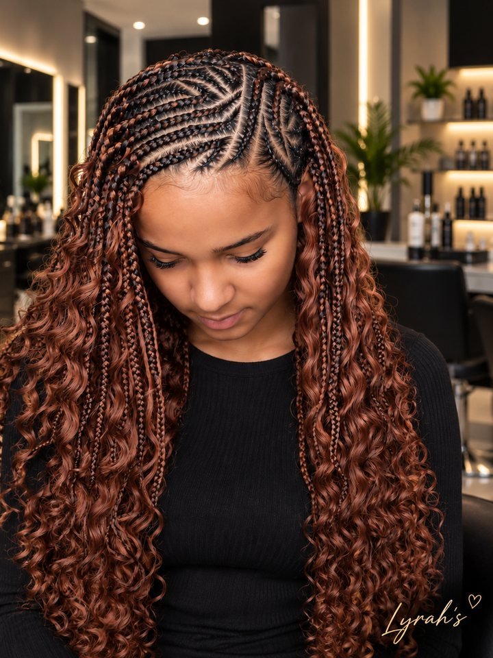 Woman with copper boho braids and patterned cornrows at the Lyrah salon