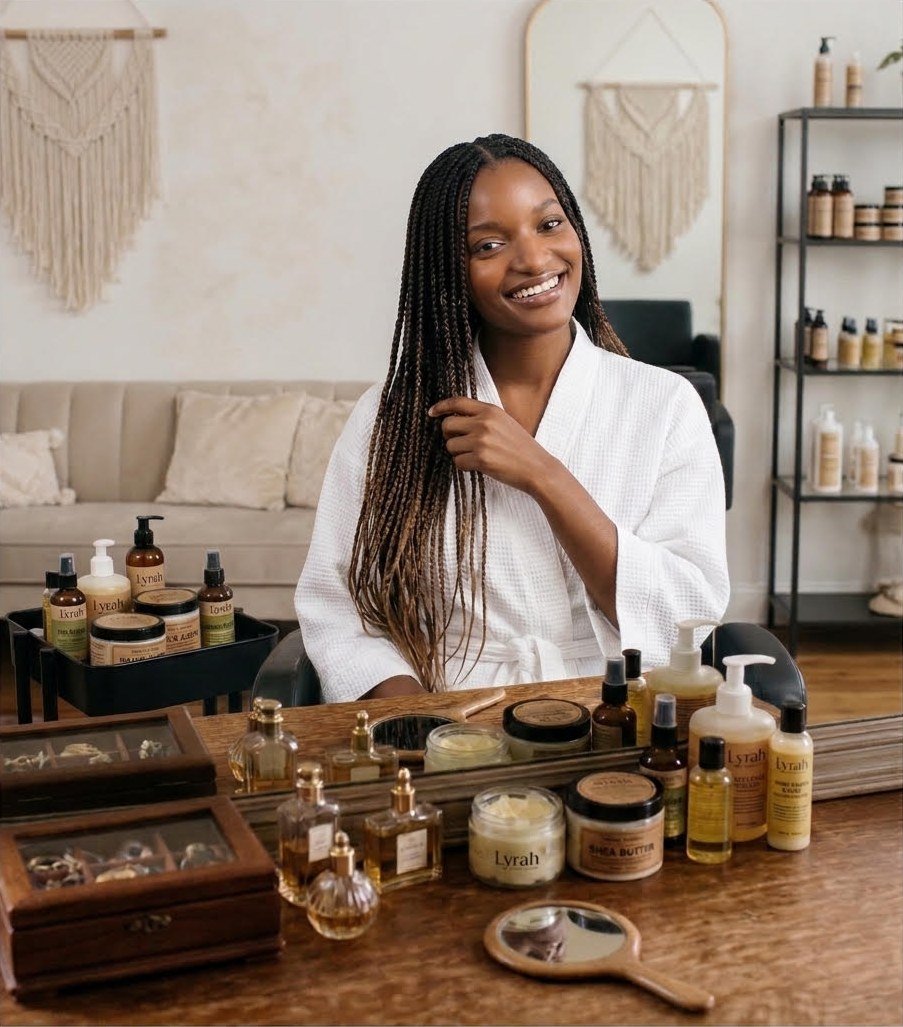 Smiling woman with long ombré box braids beside a table of Lyrah hair care products