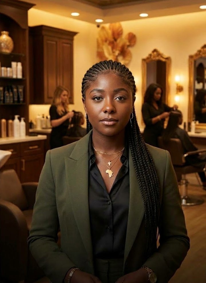 Christelle Gmoez, salon manager, with long feed-in braids in the Lyrah salon