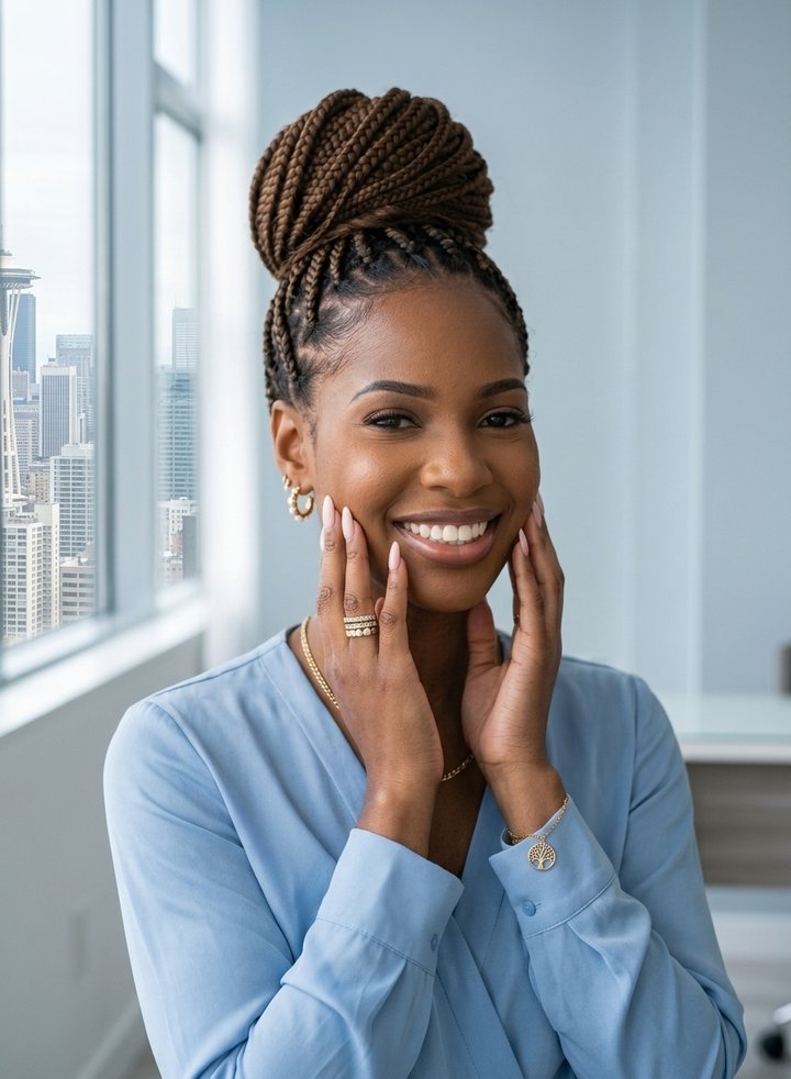 Justine Jay smiling, with brown box braids in a high bun