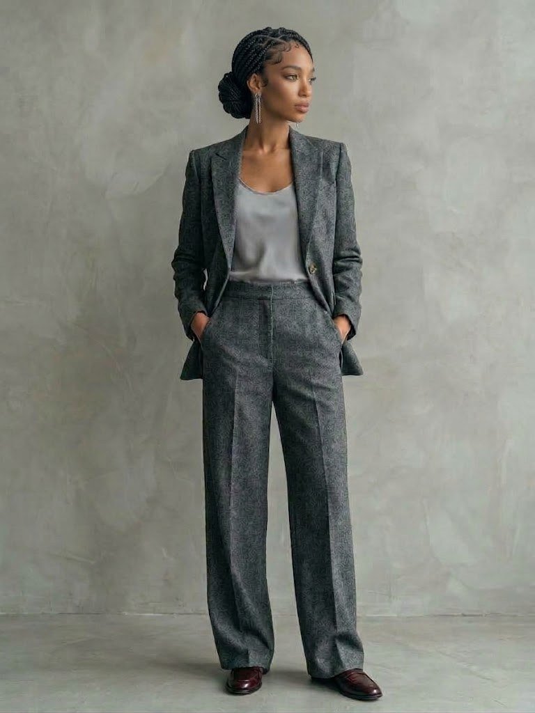 Woman in a grey tweed suit with braids styled in a low bun